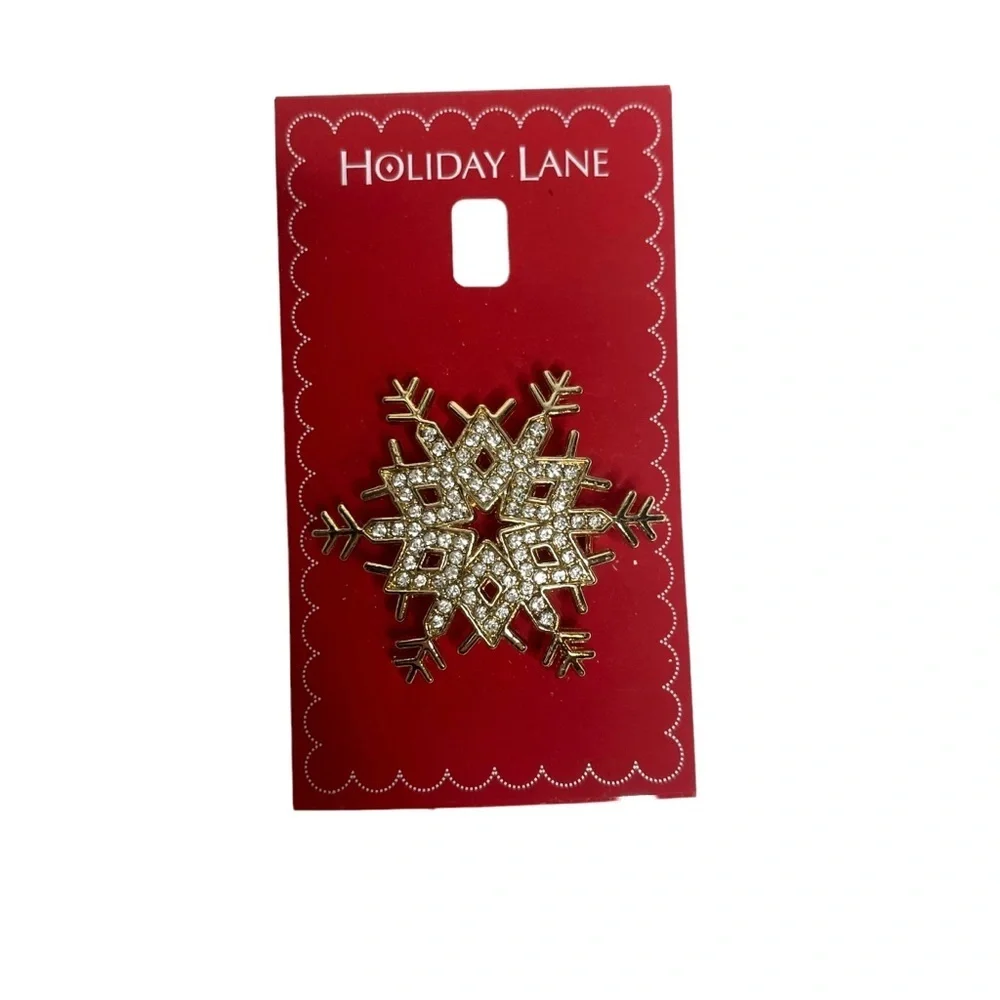 Vintage Macys Holiday Lane Gold Tone/Rhinestone Snowflake Brooch